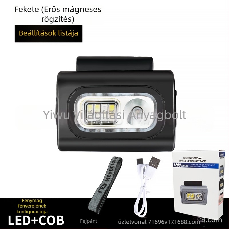 LED fejlámpa ruhára clipelhető, USB-töltésű, ABS-ház, LED fényforrás, hatótáv akár 50 m, kempingezésre és éjszakai horgászatra alkalmas