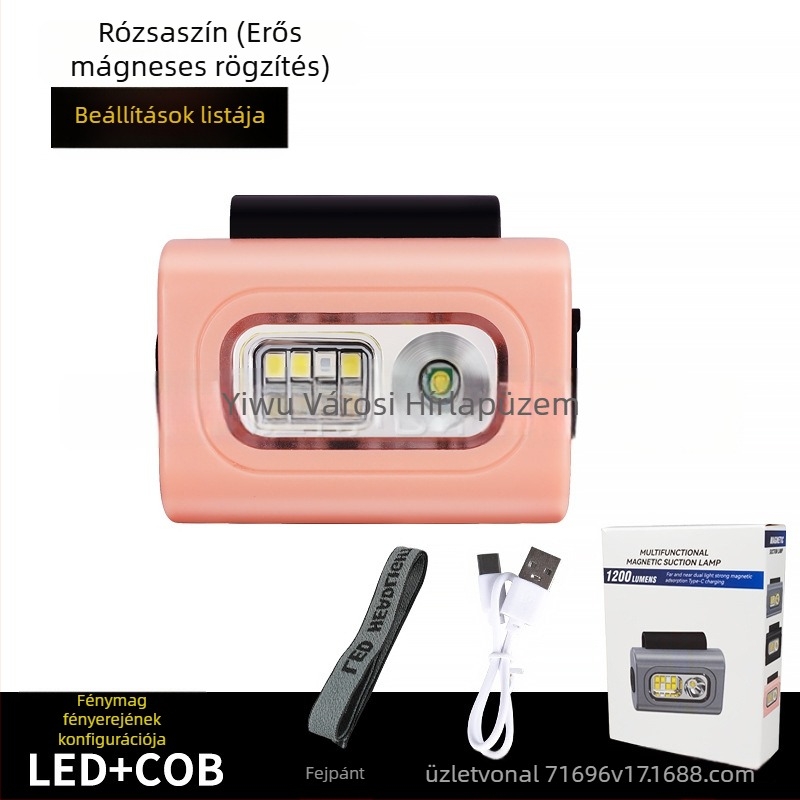 LED fejlámpa ruhára clipelhető, USB-töltésű, ABS-ház, LED fényforrás, hatótáv akár 50 m, kempingezésre és éjszakai horgászatra alkalmas