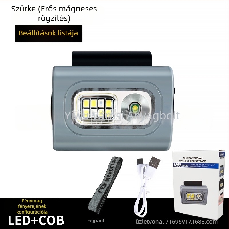 LED fejlámpa ruhára clipelhető, USB-töltésű, ABS-ház, LED fényforrás, hatótáv akár 50 m, kempingezésre és éjszakai horgászatra alkalmas