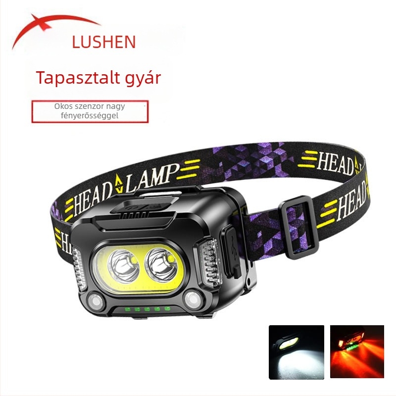 Fejlámpa intelligens szenzorral, újratölthető, 10W, 1200mAh, LED+COB világítás, hosszú üzemidő, 100–200 m hatótáv