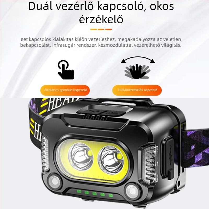 Fejlámpa intelligens szenzorral, újratölthető, 10W, 1200mAh, LED+COB világítás, hosszú üzemidő, 100–200 m hatótáv