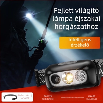 LED fejlámpa éjszakai horgászathoz töltővel, test alumínium ötvözet, 3W, 800mAh akkumulátor, fénysugár 100–200 m