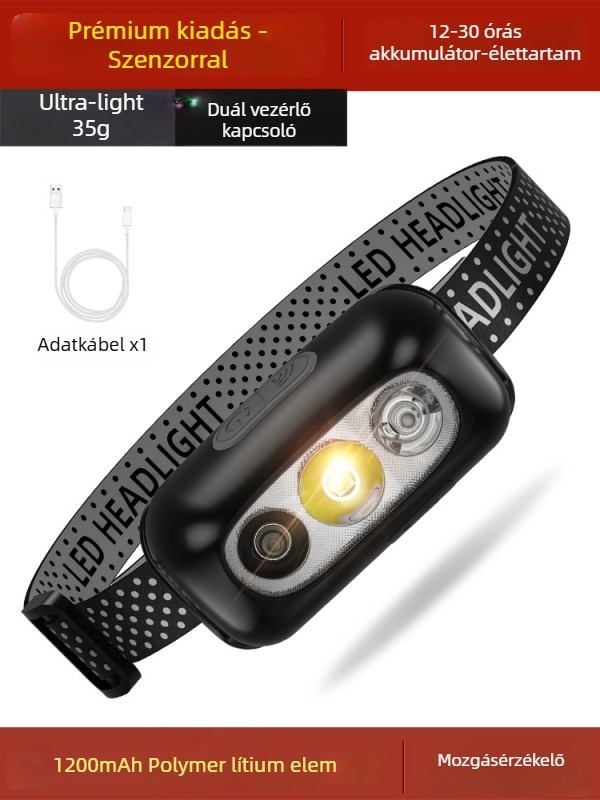 LED fejlámpa éjszakai horgászathoz töltővel, test alumínium ötvözet, 3W, 800mAh akkumulátor, fénysugár 100–200 m