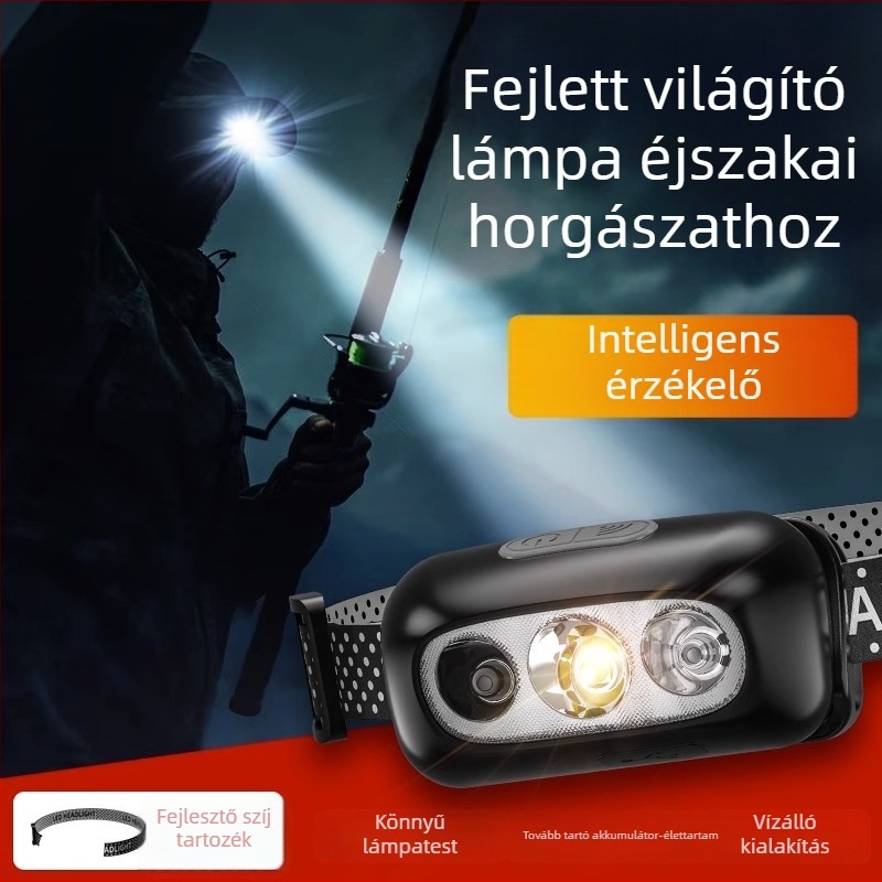LED fejlámpa éjszakai horgászathoz töltővel, test alumínium ötvözet, 3W, 800mAh akkumulátor, fénysugár 100–200 m