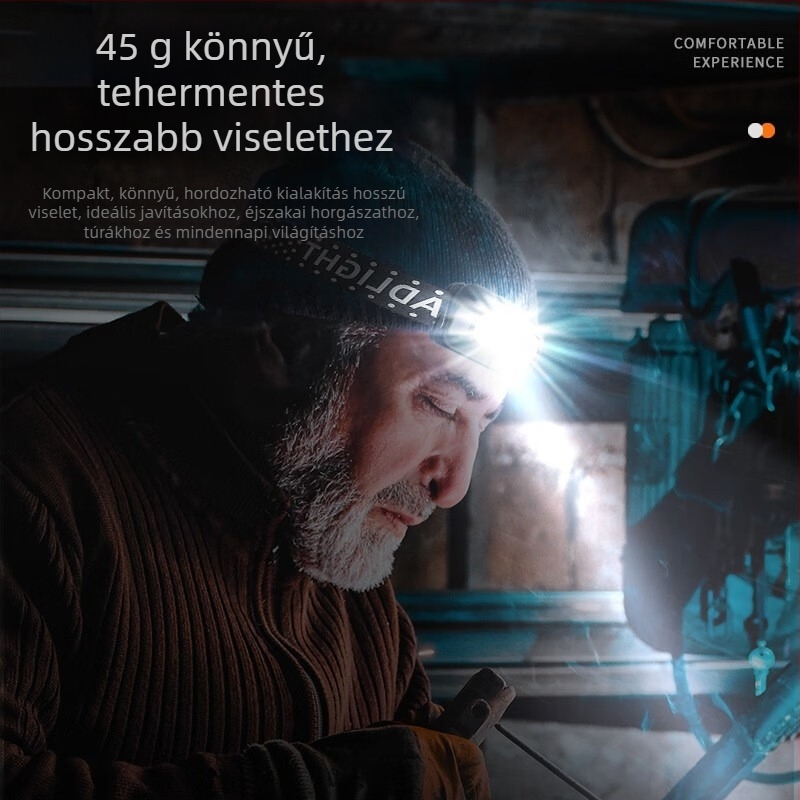 LED fejlámpa éjszakai horgászathoz töltővel, test alumínium ötvözet, 3W, 800mAh akkumulátor, fénysugár 100–200 m