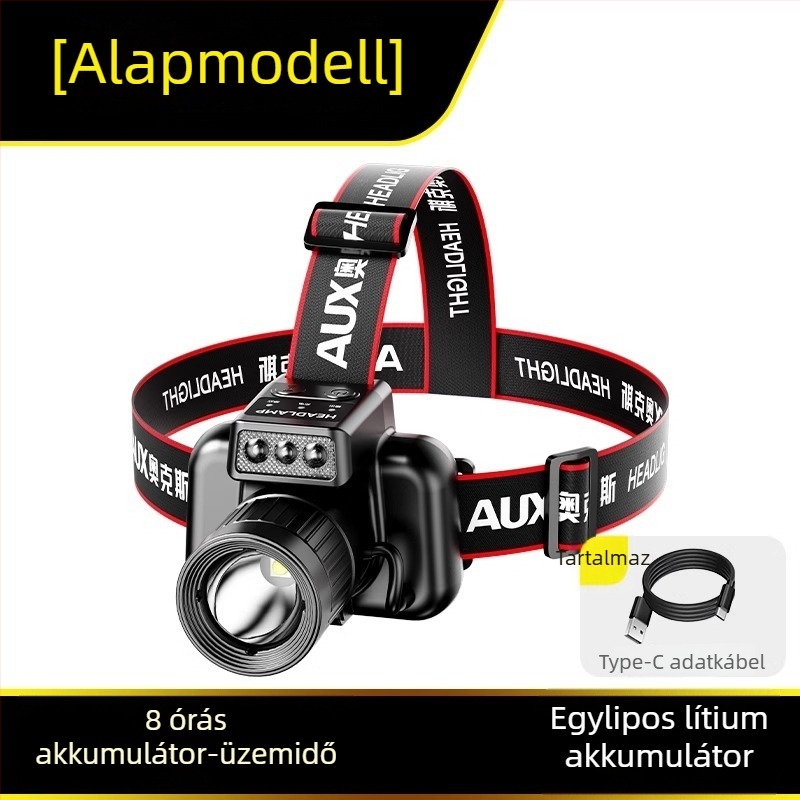 Aux/Aox LED fejlámpa, újratölthető, nagy fényerő, éjszakai horgászathoz, lyukfelderítéshez és éjszakai vezetéshez