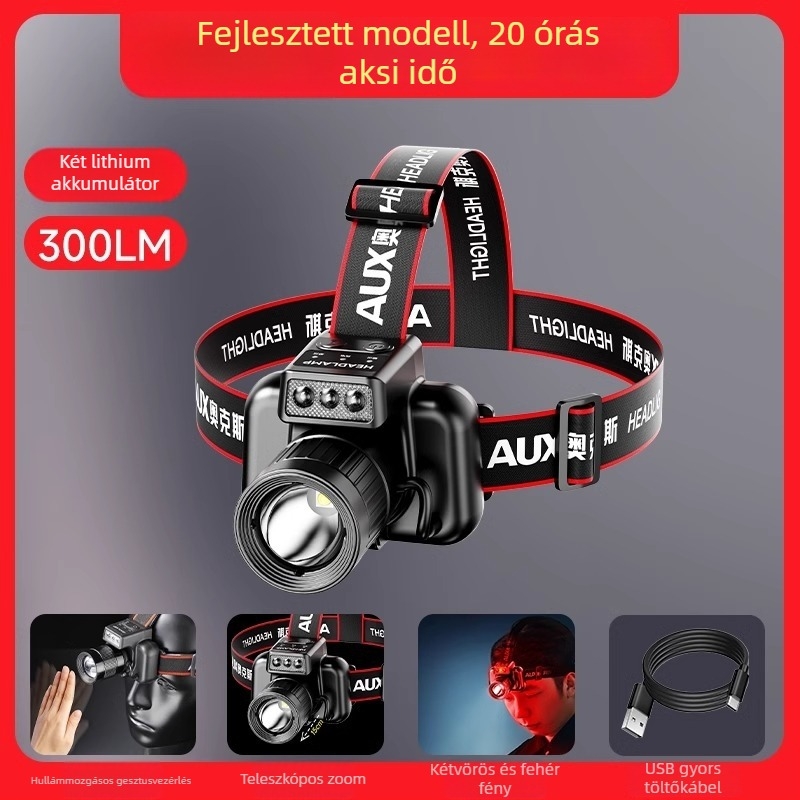 Aux/Aox LED fejlámpa, újratölthető, nagy fényerő, éjszakai horgászathoz, lyukfelderítéshez és éjszakai vezetéshez