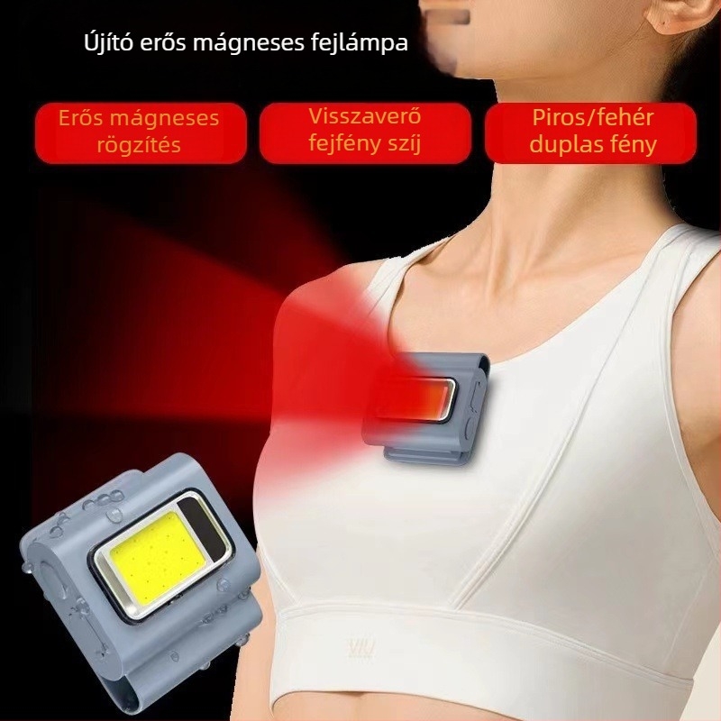 LED fejfény mágneses töltéssel, COB szilikon burkolat, ruhaklipek, 6W, 800 mAh akkumulátor