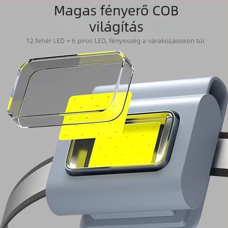 LED fejfény mágneses töltéssel, COB szilikon burkolat, ruhaklipek, 6W, 800 mAh akkumulátor