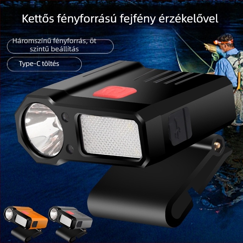 Sapka-clip LED fejlámpa, újratölthető, 5W, 1200mAh akkumulátor, ideális kültéri éjszakai horgászathoz