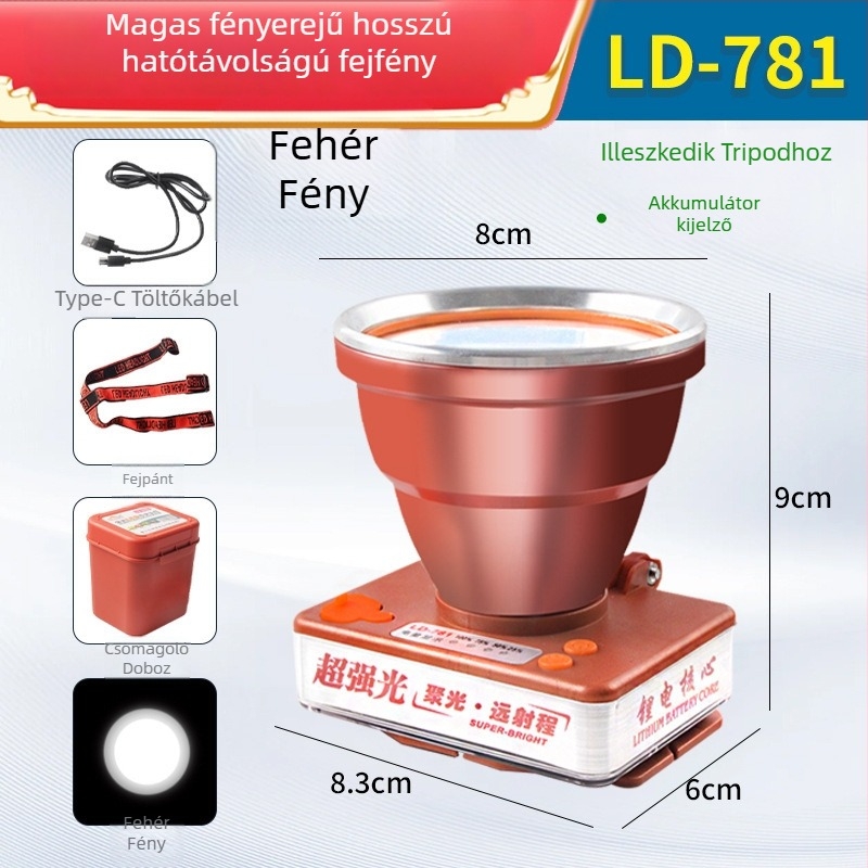 LED fejlámpa 2500mAh akkumulátorral, 30–80W, LED fényforrás, ABS műanyag + alumíniumötvözet, hatótávolság ≥500m