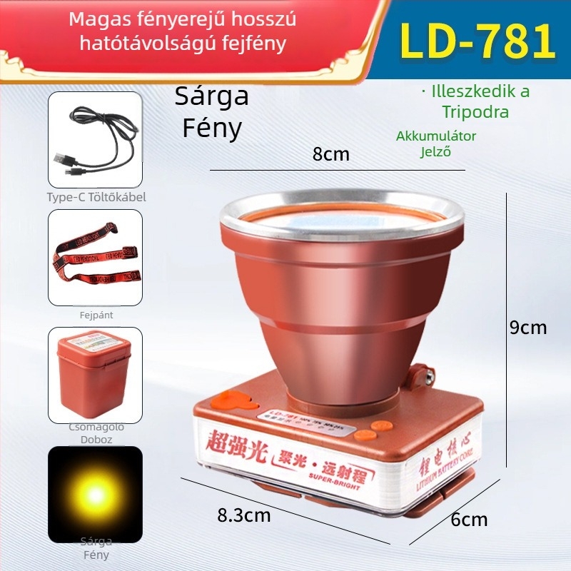 LED fejlámpa 2500mAh akkumulátorral, 30–80W, LED fényforrás, ABS műanyag + alumíniumötvözet, hatótávolság ≥500m