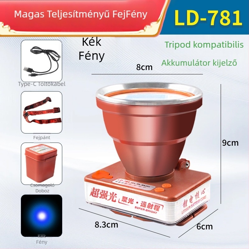 LED fejlámpa 2500mAh akkumulátorral, 30–80W, LED fényforrás, ABS műanyag + alumíniumötvözet, hatótávolság ≥500m
