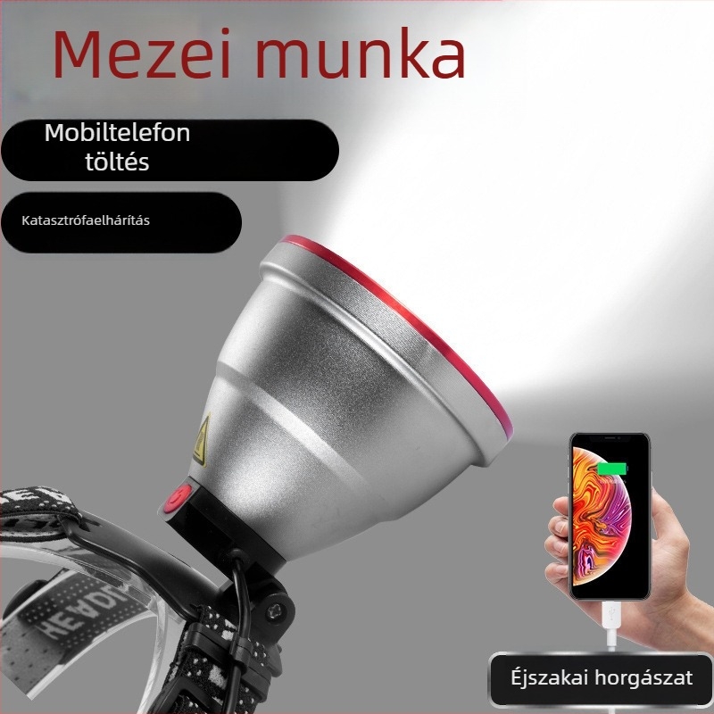 LED fejlámpa USB-töltéses, alumínium ötvözet test, LED fényforrás, kézi energiatermelés, maximális hatótávolság több mint 500 m