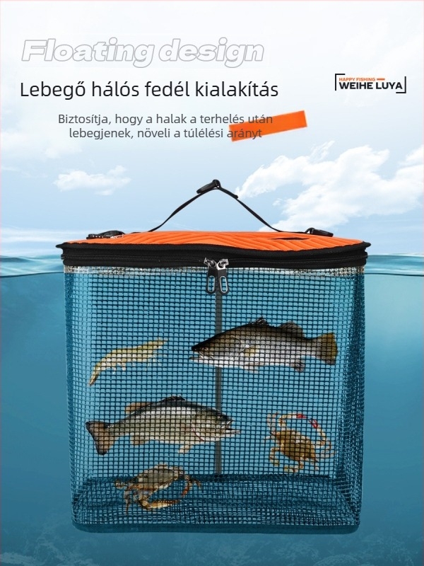 Összecsukható, nagy kapacitású horgászvödör gumírozott, gyorsan száradó hálóval és hálótáskával