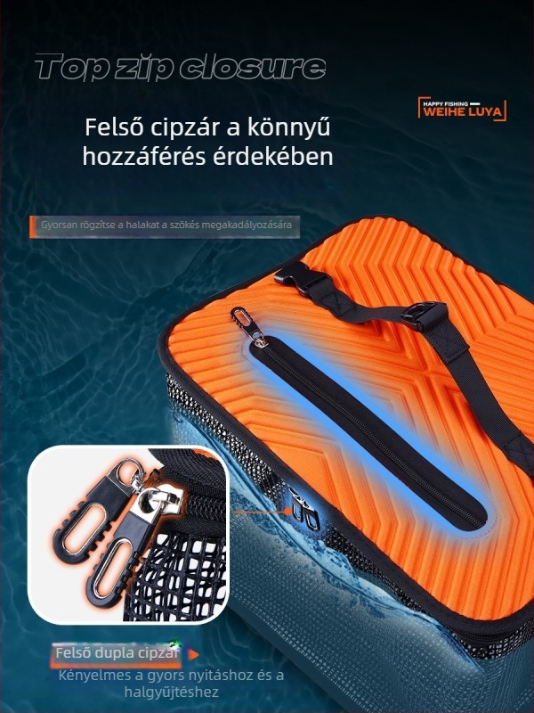 Összecsukható, nagy kapacitású horgászvödör gumírozott, gyorsan száradó hálóval és hálótáskával