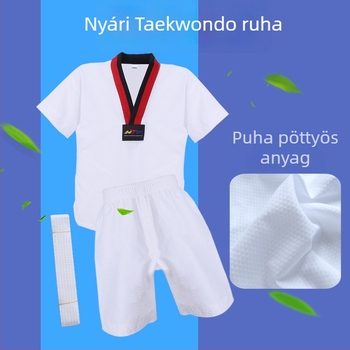 Taekwondo egyenruha gyerekeknek és felnőtteknek, pamut-keverék anyag, bélés pamut, 1–2 cm eltérés, alkalmas edzésre és harcművészetekre