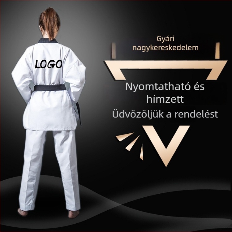 Taekwondo edzőruha – hosszú ujjú, gyerekeknek és felnőtteknek, pamut–polyészter keverék (55% poliészter), csíkos vagy egyszínű mintázat