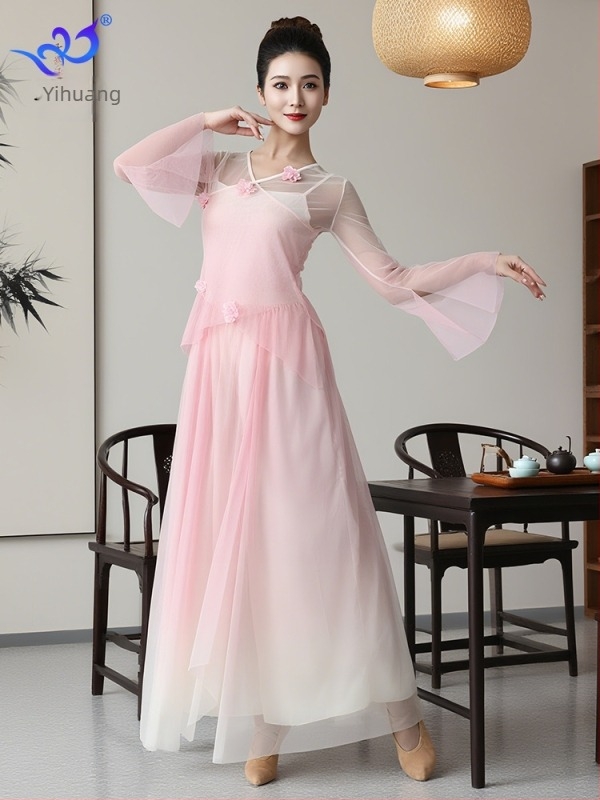 Klasszikus kínai táncruházat gradient virágos hálós anyagból, szoknya-nadrág öltözet színpadi előadásokhoz, poliészter és elasztán