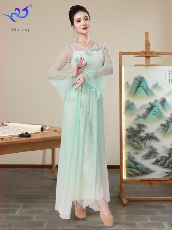 Klasszikus kínai táncruházat gradient virágos hálós anyagból, szoknya-nadrág öltözet színpadi előadásokhoz, poliészter és elasztán