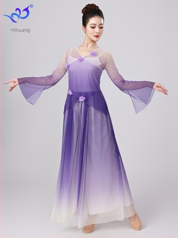 Klasszikus kínai táncruházat gradient virágos hálós anyagból, szoknya-nadrág öltözet színpadi előadásokhoz, poliészter és elasztán