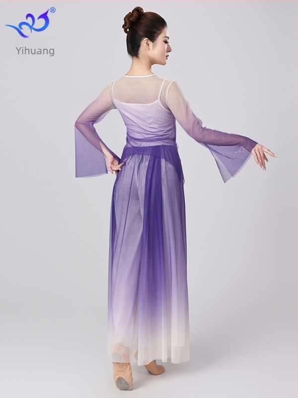 Klasszikus kínai táncruházat gradient virágos hálós anyagból, szoknya-nadrág öltözet színpadi előadásokhoz, poliészter és elasztán