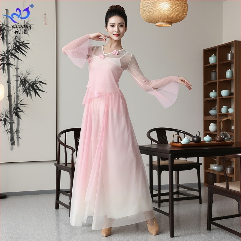 Klasszikus kínai táncruházat gradient virágos hálós anyagból, szoknya-nadrág öltözet színpadi előadásokhoz, poliészter és elasztán