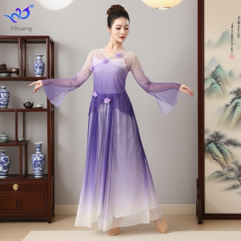 Klasszikus kínai táncruházat gradient virágos hálós anyagból, szoknya-nadrág öltözet színpadi előadásokhoz, poliészter és elasztán