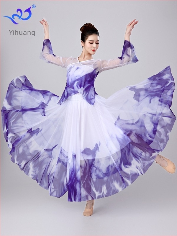 Klasszikus kínai táncruha hálós anyaggal – Yihuang, női színpadi outfit, poliészter 95%+, spandex <30%, Nyár 2025