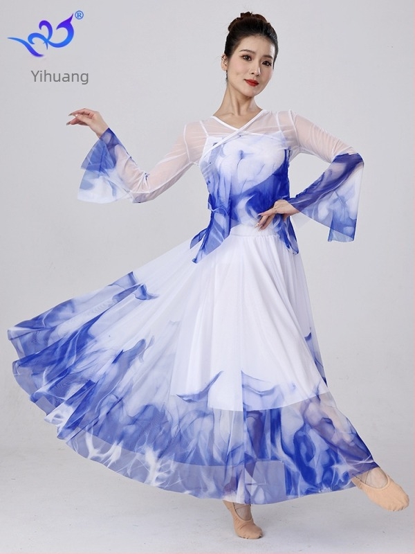 Klasszikus kínai táncruha hálós anyaggal – Yihuang, női színpadi outfit, poliészter 95%+, spandex <30%, Nyár 2025