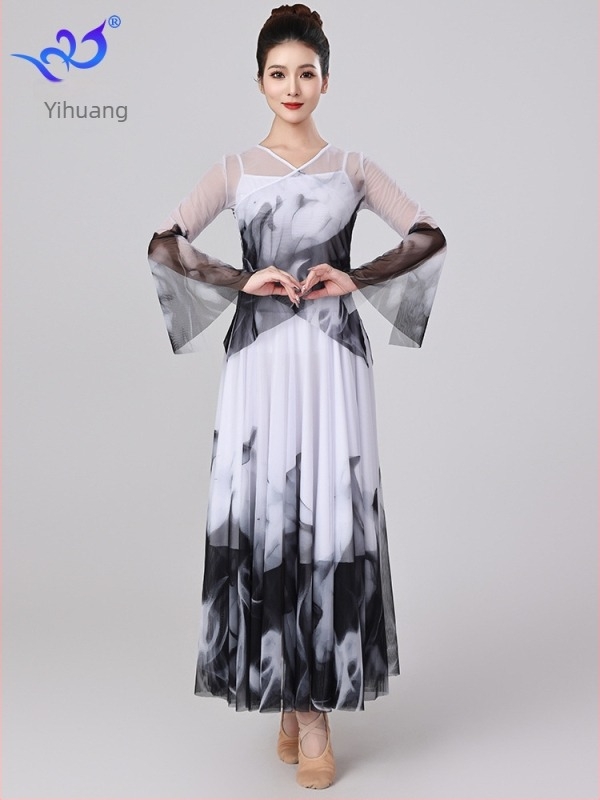 Klasszikus kínai táncruha hálós anyaggal – Yihuang, női színpadi outfit, poliészter 95%+, spandex <30%, Nyár 2025