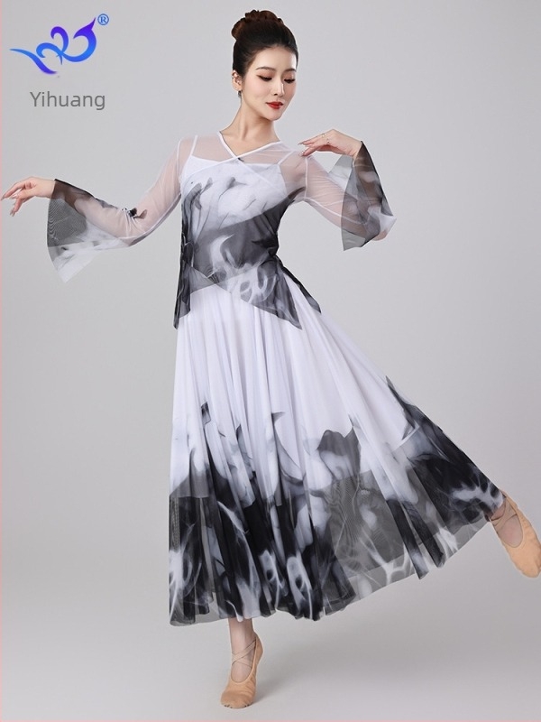 Klasszikus kínai táncruha hálós anyaggal – Yihuang, női színpadi outfit, poliészter 95%+, spandex <30%, Nyár 2025