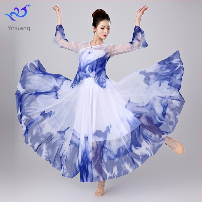 Klasszikus kínai táncruha hálós anyaggal – Yihuang, női színpadi outfit, poliészter 95%+, spandex <30%, Nyár 2025