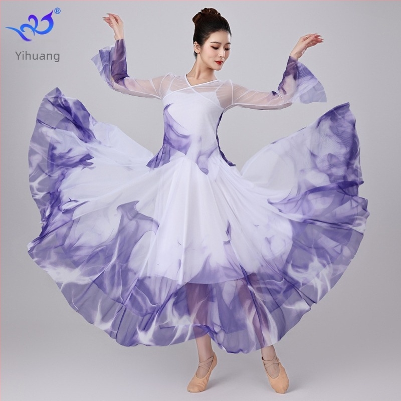 Klasszikus kínai táncruha hálós anyaggal – Yihuang, női színpadi outfit, poliészter 95%+, spandex <30%, Nyár 2025