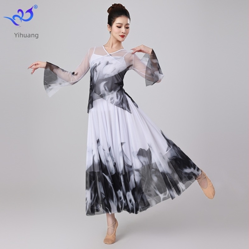 Klasszikus kínai táncruha hálós anyaggal – Yihuang, női színpadi outfit, poliészter 95%+, spandex <30%, Nyár 2025