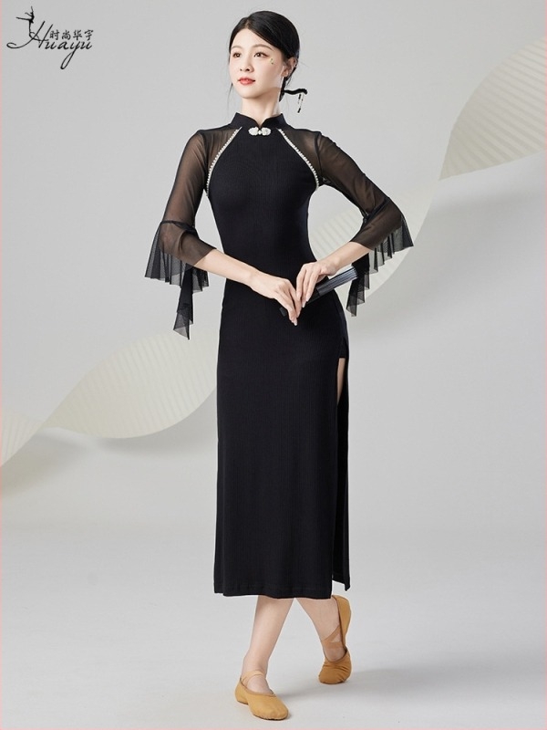 Női klasszikus kínai táncruha színpadra, testformázó, rugalmas gyakorló ruha, poliészter hálós panelokkal, 2025 nyár