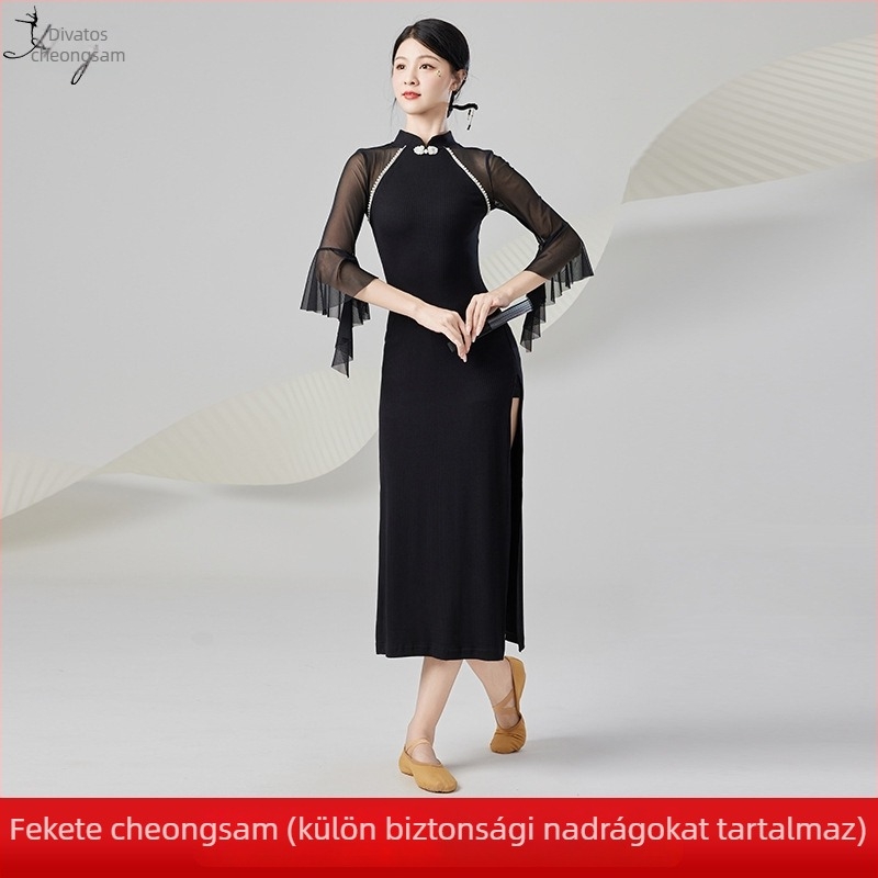 Női klasszikus kínai táncruha színpadra, testformázó, rugalmas gyakorló ruha, poliészter hálós panelokkal, 2025 nyár