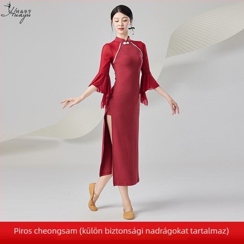 Női klasszikus kínai táncruha színpadra, testformázó, rugalmas gyakorló ruha, poliészter hálós panelokkal, 2025 nyár