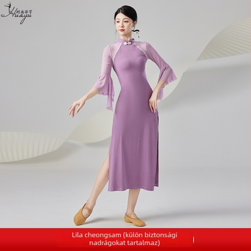 Női klasszikus kínai táncruha színpadra, testformázó, rugalmas gyakorló ruha, poliészter hálós panelokkal, 2025 nyár