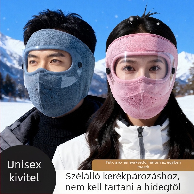 Téli kerékpáros kapucni fleece-béléssel ellátott maszkkal, integrált szemüveggel és fülvédővel, szélálló és hidegálló