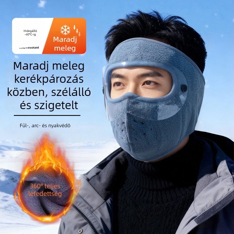 Téli kerékpáros kapucni fleece-béléssel ellátott maszkkal, integrált szemüveggel és fülvédővel, szélálló és hidegálló