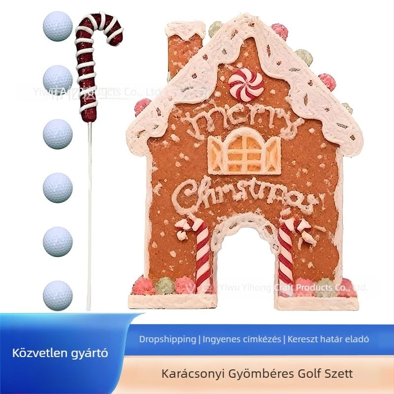 Mézeskalácsos golfjáték készlet karácsonyi bulira – műanyag, ház alakú dísz, modern művészeti stílus, nyomtatott dizájn