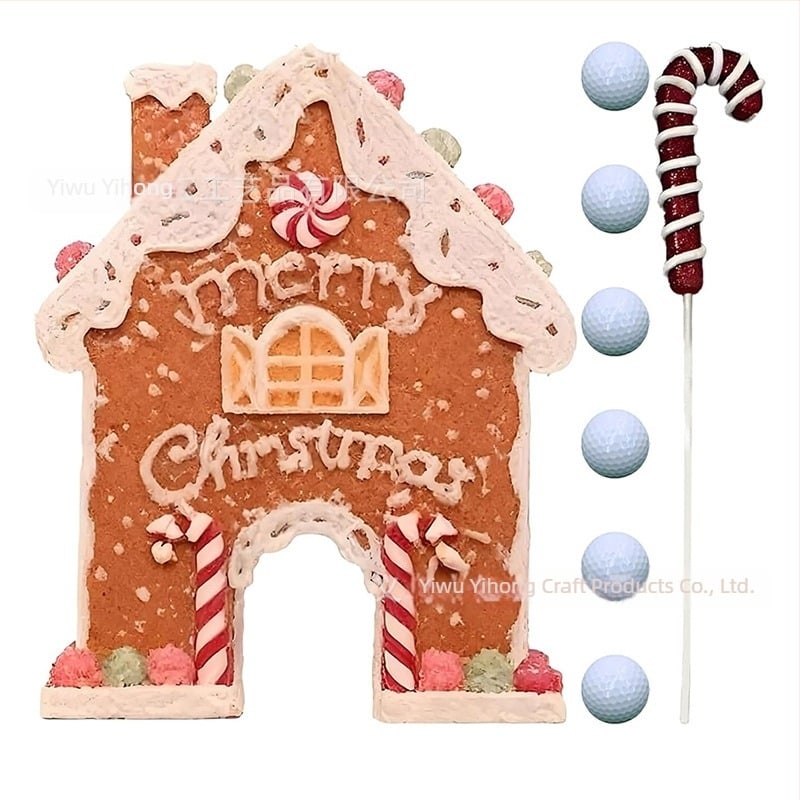 Mézeskalácsos golfjáték készlet karácsonyi bulira – műanyag, ház alakú dísz, modern művészeti stílus, nyomtatott dizájn