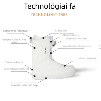 Snowboard csizma uniszex, PU felső rész vízálló anyaggal, külső talp gumi, csillapító talpbetét, hőszigetelés