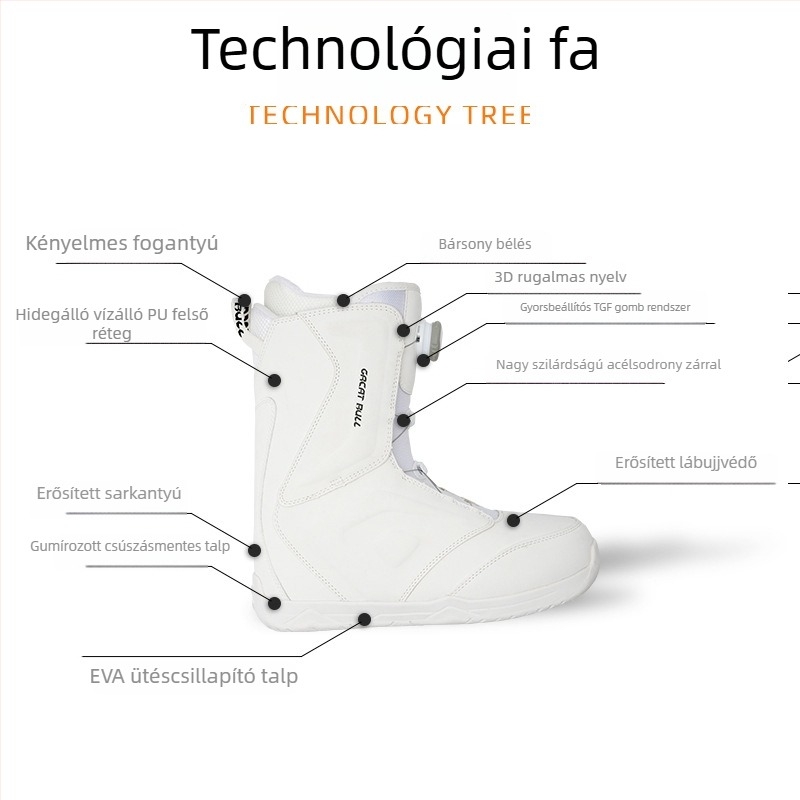 Snowboard csizma uniszex, PU felső rész vízálló anyaggal, külső talp gumi, csillapító talpbetét, hőszigetelés