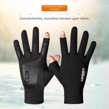 Fleece-belésű kerékpáros kesztyű, kétujjas, csúszásmentes, érintőképernyő-kompatibilis, közepes vastagságú, uniszex felnőtteknek