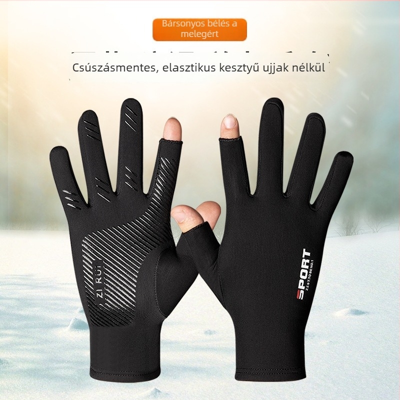Fleece-belésű kerékpáros kesztyű, kétujjas, csúszásmentes, érintőképernyő-kompatibilis, közepes vastagságú, uniszex felnőtteknek