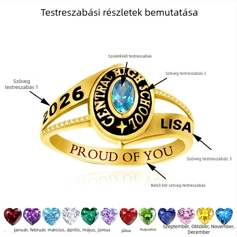 Személyre szabott egyetemi osztálygyűrű rézből, geometriai forma, cirkón beültetéssel és gyémánt díszítéssel