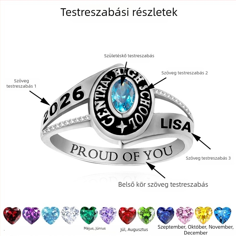 Személyre szabott egyetemi osztálygyűrű rézből, geometriai forma, cirkón beültetéssel és gyémánt díszítéssel