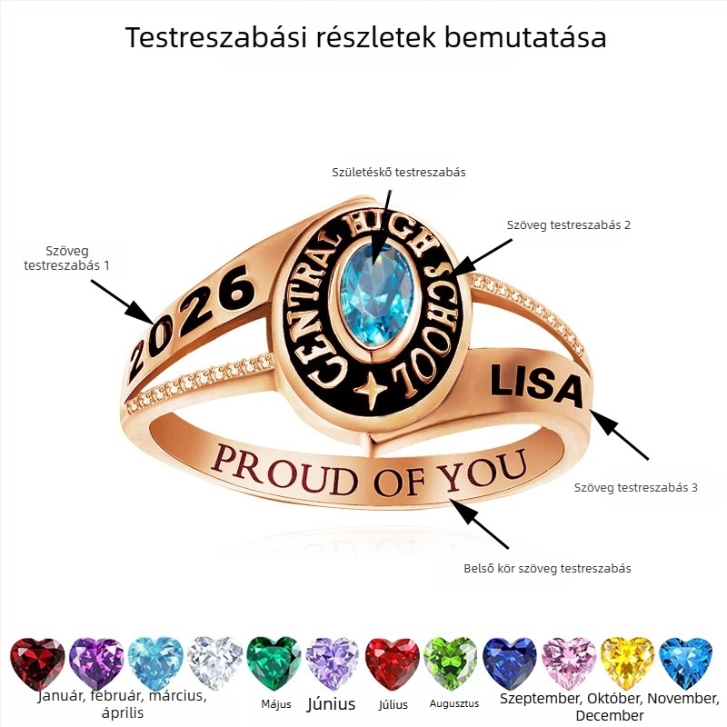 Személyre szabott egyetemi osztálygyűrű rézből, geometriai forma, cirkón beültetéssel és gyémánt díszítéssel